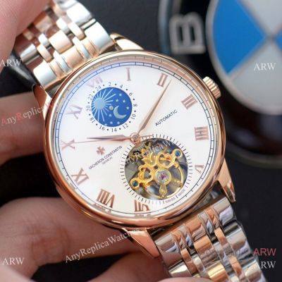 Copy Vacheron Constantin Moon phase Tourbillon watch 2-Tone Rose Gold Roman Marker